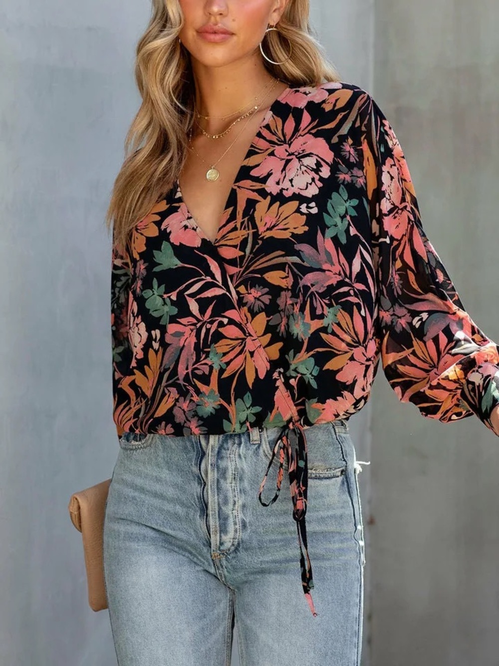 Vici Black Floral Wrap Blouse with Coral and Green Print